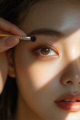 Obraz premium Detailed view of a makeup brush applying soft eyeshadow to a woman's eyelid, highlighting beauty and precision in cosmetics.