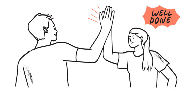 Business people celebrate success in work collaboration together, giving high five with joy. Unity and support between colleagues employees concept. Line vector illustration isolated on white.