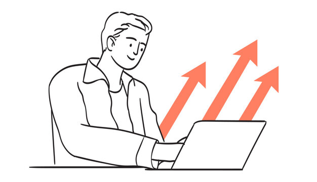 Business man work online on laptop. Line graphic vector illustration. Manager or seo specialist work on project, website promotion, analyze social media information for marketing insight, analytics.