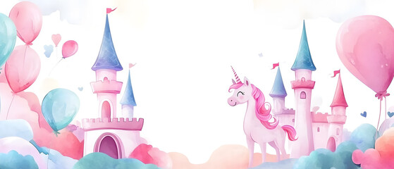 Magical Unicorn and Castle Watercolor Illustration with Balloons