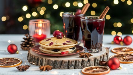 Festive Christmas Pancakes Mulled Wine and Decorations