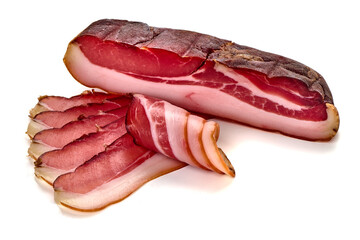 Italian prosciutto crudo or spanish jamon, isolated on white background.
