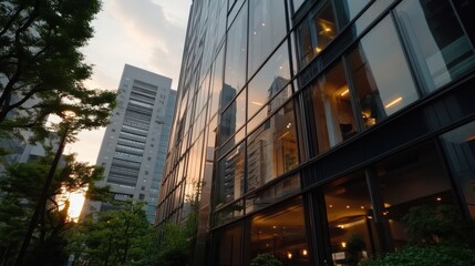 Obraz premium 都市のスカイラインの反射: 夕暮れ時のモダンなガラス張りの建物
