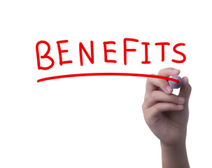 Hand writing BENEFITS with marker, concept background