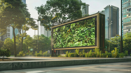 An eco-friendly digital billboard in a green urban space, showcasing ads promoting sustainability, powered by renewable energy and using recyclable materials