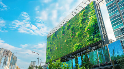 An eco-friendly digital billboard in a green urban space, showcasing ads promoting sustainability, powered by renewable energy and using recyclable materials