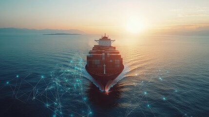 Obraz premium Container ship at sea with digital network links, digital trade network connection concept, global shipping industry, Beautiful Network