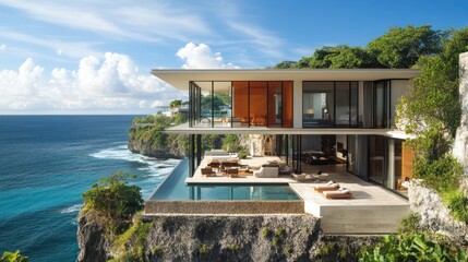 Obraz premium Modern luxury villa with infinity pool overlooking the ocean.