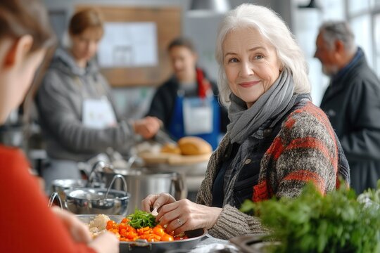 In a lively soup kitchen, a cheerful woman enjoys a hot meal surrounded by fellow diners. Volunteers serve food behind the counter, creating a warm atmosphere filled with conversation and community sp