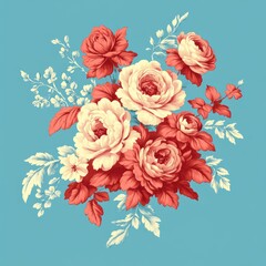 A floral arrangement featuring roses and leaves on a blue background.