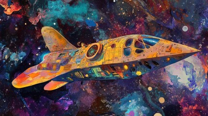 A spaceship flies through a colorful nebula.