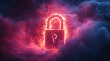 neon cloud with a locked padlock symbolizing data protection and security set against a dark background that emphasizes the glowing elements conveying a sense of modern digital safety