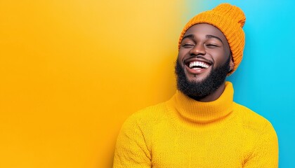 Obraz premium Smiling man with beard wearing yellow sweater and beanie against colorful background.