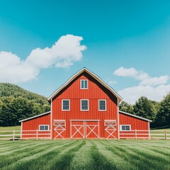 Obraz premium A vibrant red barn set against a clear blue sky and green landscape.