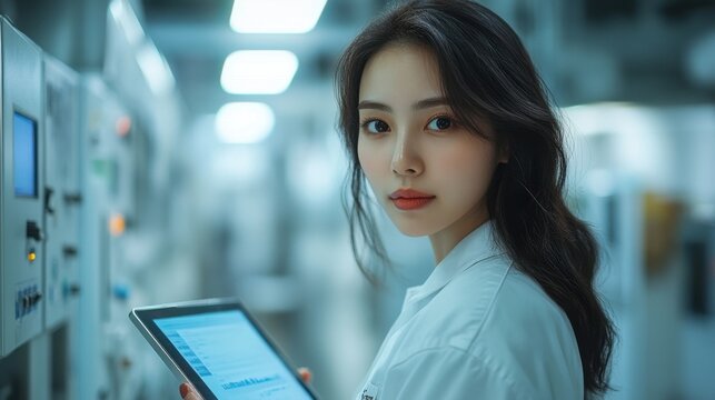 A young woman in a lab coat stands in a factory setting, holding a tablet, looking at the camera with a serious expression.