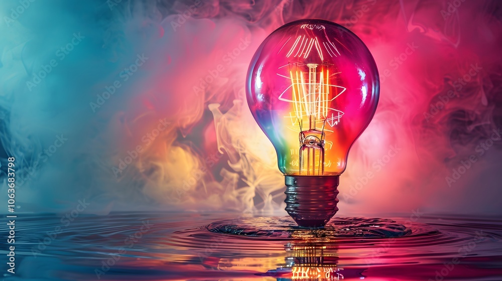 Wall mural Illuminating Creativity Glowing Lightbulb Reflected in Colorful Misty Backdrop