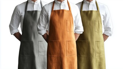 Three chefs wearing white shirts and aprons in orange, gray, and green; showcasing professional kitchen attire.