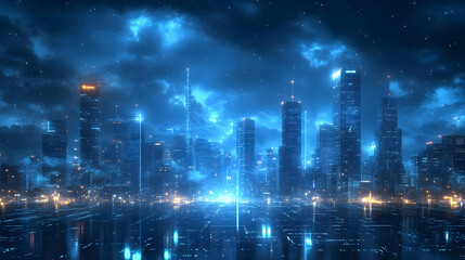 Futuristic Cityscape Illustration with Blue Lights and Stars