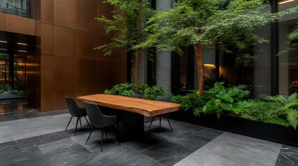 ナチュラルなインテリアデザインと緑豊かなモダンなオフィスミーティングスペース