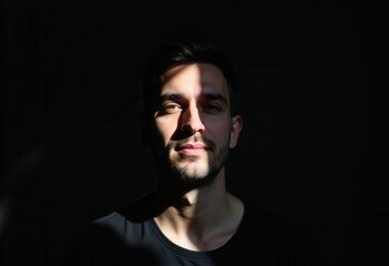 Fototapeta premium A young man stands confidently, illuminated by soft light that highlights his features against a contrasting dark background. The play of light creates a dramatic yet serene atmosphere, showcasing his