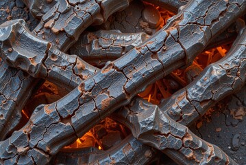 Charred dinosaur bones texture, burnt patterns, close-up, glowing background
