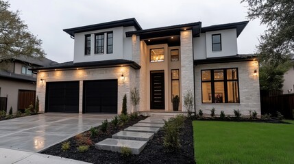 Obraz premium 2階建てのデザインとエレガントな照明を備えたモダンで豪華な家