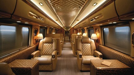 Luxurious interior of a modern train with plush seating, ambient lighting, and elegant design for a comfortable travel experience.