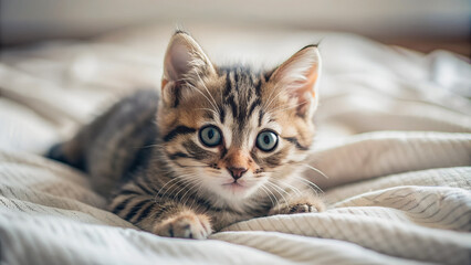 A charming kitten with a playful expression on its face settled comfortably on the bed.