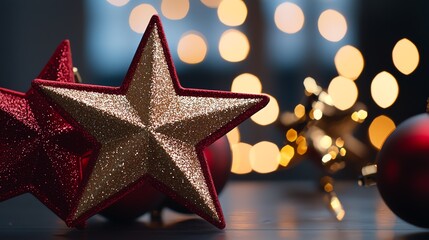 A close-up of decorative stars and ornaments with shimmering surfaces, set against a blurred background of warm, twinkling lights, evoking a festive atmosphere.