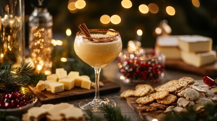 Festive table setting with holiday drinks and assorted cookies.
