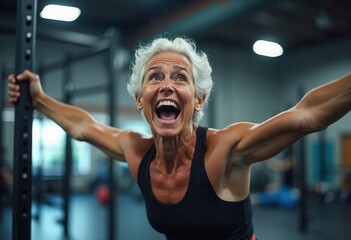 An enthusiastic elderly woman passionately engages in a workout at a gym, showcasing her determination and joy while participating in a fitness class alongside others. Her vibrant energy fills the spa