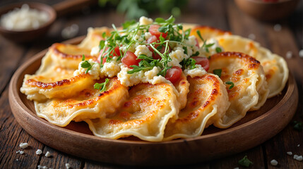 Patatnik with fresh salad on wooden plate