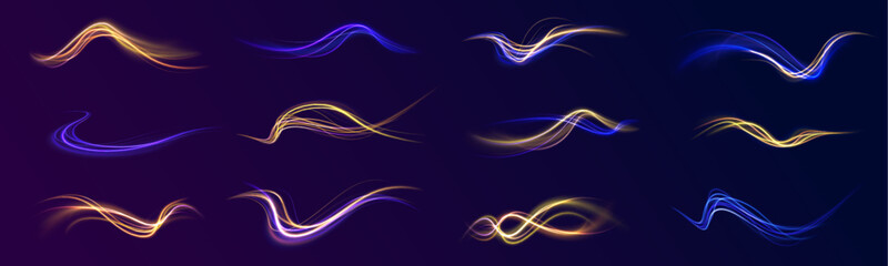 Light trail wave, fire path trace line, car lights, optic fiber and incandescence curve twirl. High speed road in night time abstraction. Sport car is made of polygons, lines and connected dots.