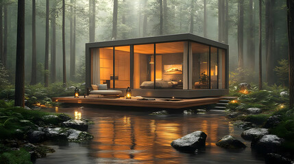 Modern Cabin in a Misty Forest - 3D Illustration