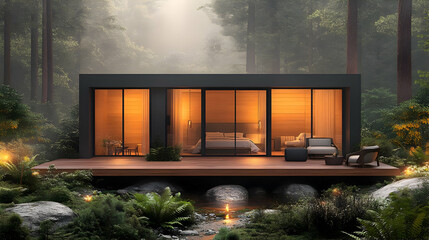Fototapeta premium Modern Cabin In The Woods 3D Illustration