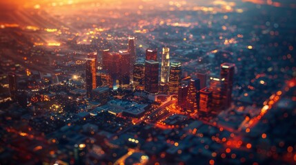 Fototapeta premium As the sun sets over the city of Los Angeles, the downtown area is illuminated with a stunning display of lights and colors that can only be fully appreciated from high above. 