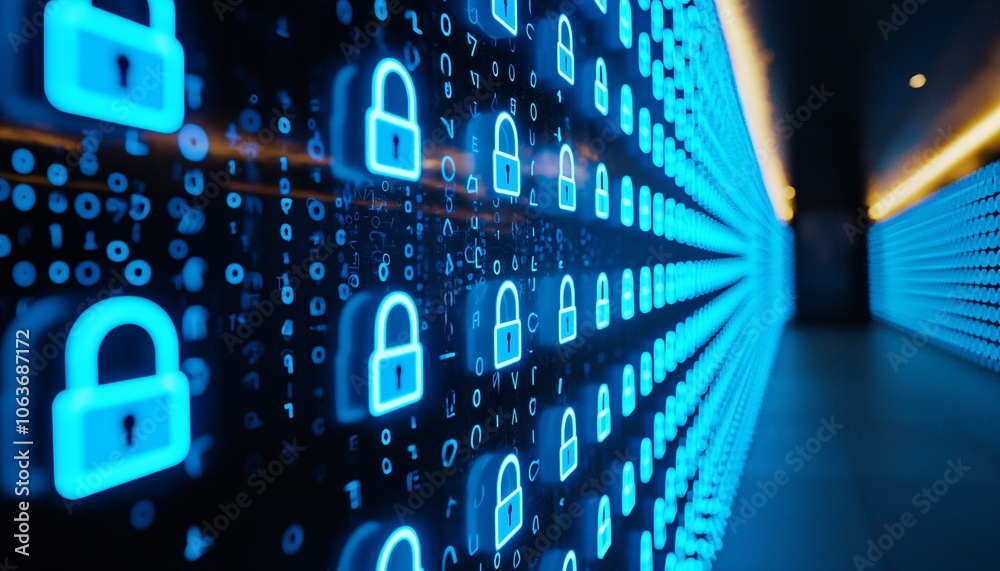 Poster abstract digital background featuring glowing blue locks and binary code, symbolizing security and d