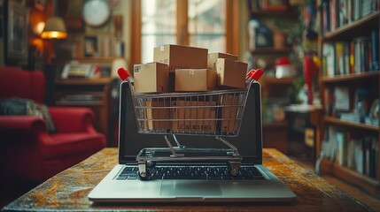 online shopping scene with a digital shopping cart overflowing with boxes on a laptop screen highlighting the convenience and excitement of modern consumerism in a bright engaging environment