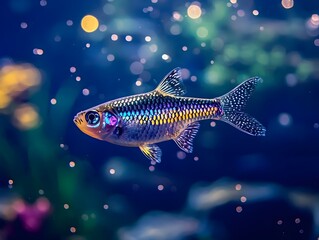 Celestial Pearl Danio Shimmering in Reflective Blue Aquarium Water