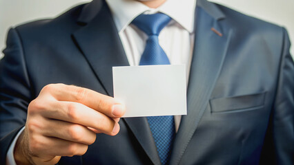 Businessman in an expensive suit holds a blank business card with space for text.
