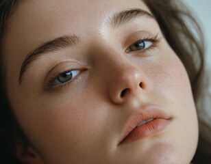 A close-up portrait of a young woman with dark hair, looking pensive with a neutral expression, against a white background.