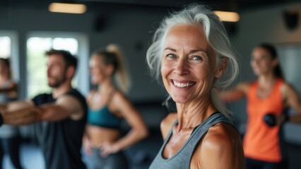 A mature woman smiles confidently while engaging in a fitness class alongside younger participants. The setting features a contemporary gym atmosphere with large windows and an encouraging energy amon