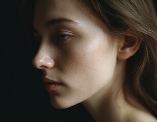 A close-up of a woman's face, with a dark background, showcases her serene expression and delicate features.