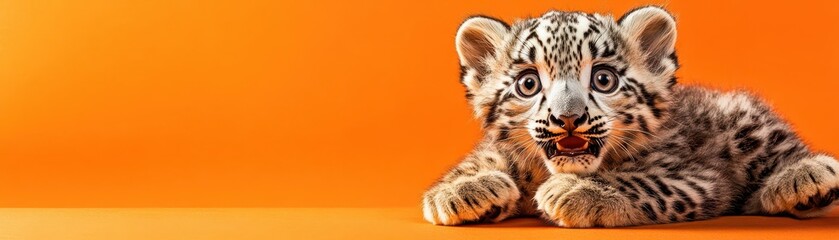 Obraz premium Adorable snow leopard cub with a shocked expression, fluffed tail and wide eyes, on a bright orange background, lively and sweet