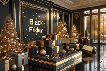 A room with a black friday sign and a lot of Christmas decorations