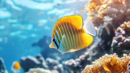 Graceful Butterfly Fish Swimming Near Coral Reef with Vibrant Underwater Backdrop