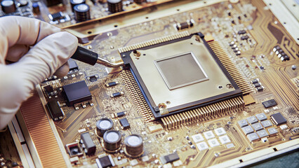  Hand in protective gloves repairing a processor in an electronic device.