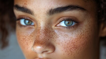 Fototapeta premium A young individual with captivating green eyes and a multitude of freckles looks directly ahead, showcasing a blend of natural beauty and emotion. The focus emphasizes unique features and expressions.
