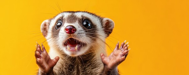 Fototapeta premium Curious ferret with an astonished face, wide eyes and raised paws, against a bright orange background, energetic and cute