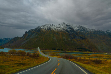 Journey during the changing leaves season along the road to the destination Lofoten, Norway's archipelago, Europe.